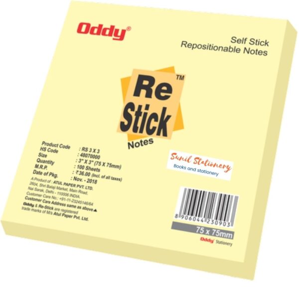 Oddy Re-Stick Notes (Yellow) - 3x3inch- 75x75mm (Pack of 10)-sunilstationery.in